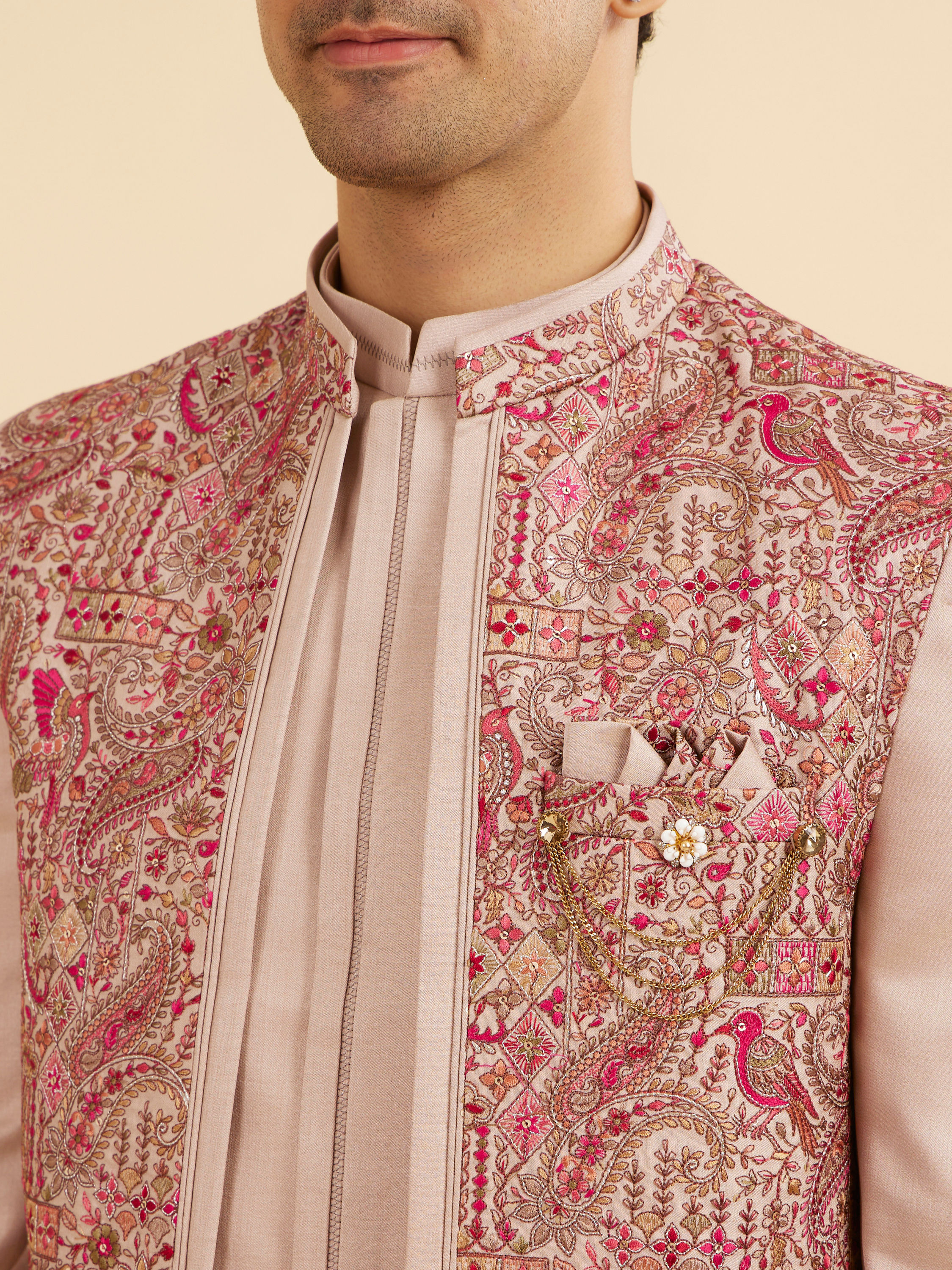 Manyavar Men Beige Art Silk Indo Western Set