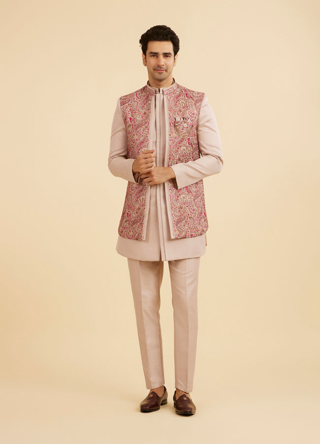 Manyavar Men Beige Art Silk Indo Western Set