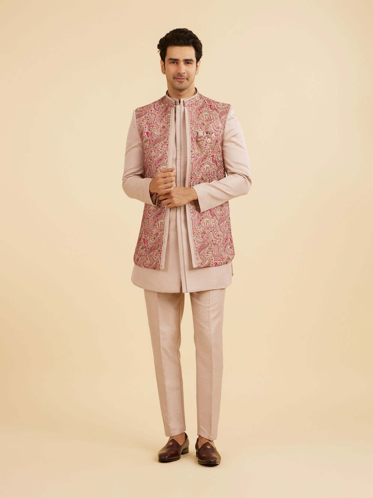Manyavar Men Beige Art Silk Indo Western Set
