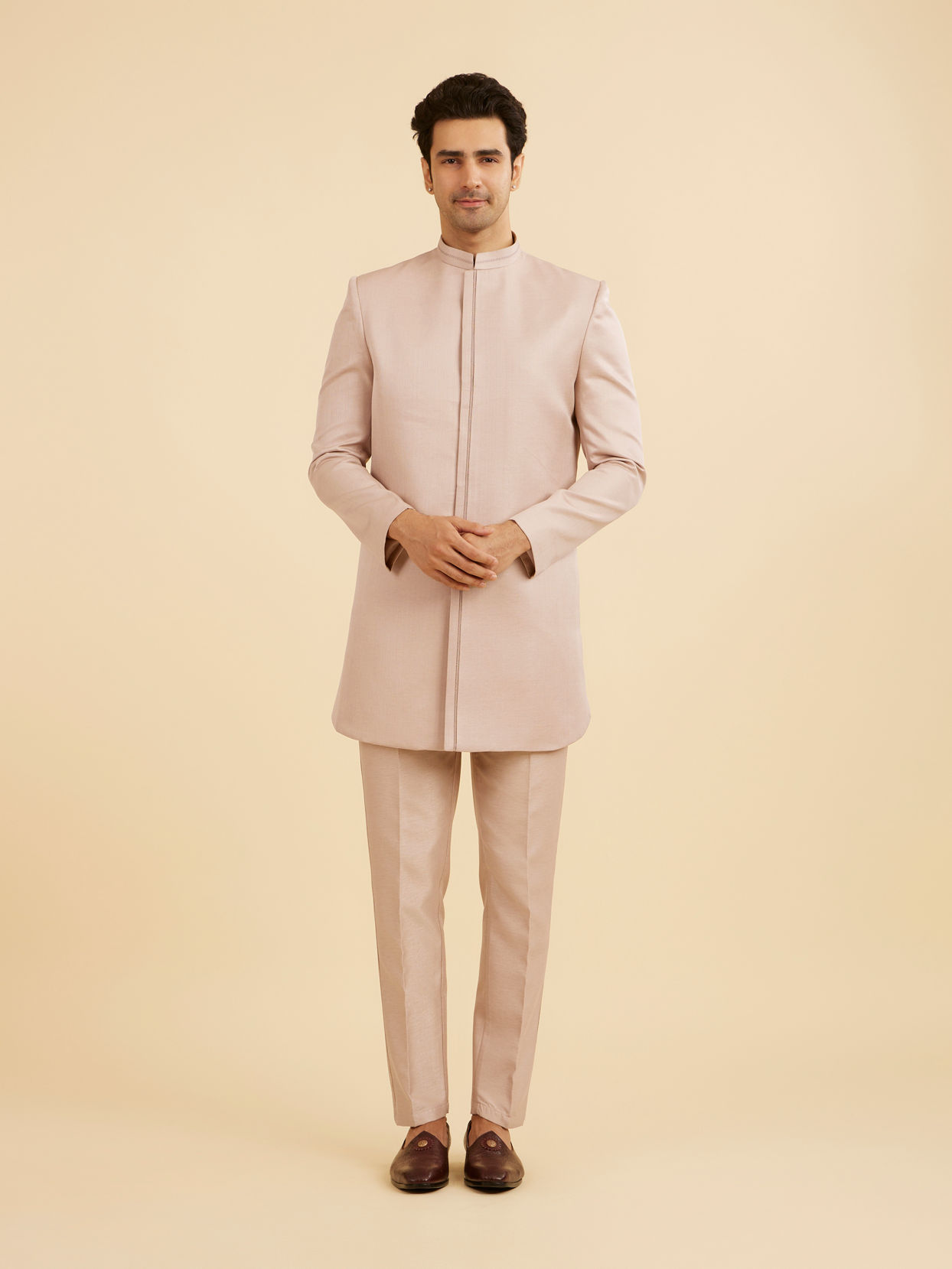 Manyavar Men Beige Art Silk Indo Western Set
