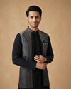 Manyavar Men Black Stone & Thread Work Indo Western Set