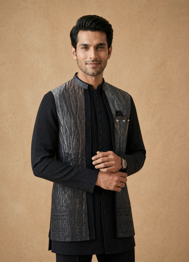 Manyavar Men Black Stone & Thread Work Indo Western Set