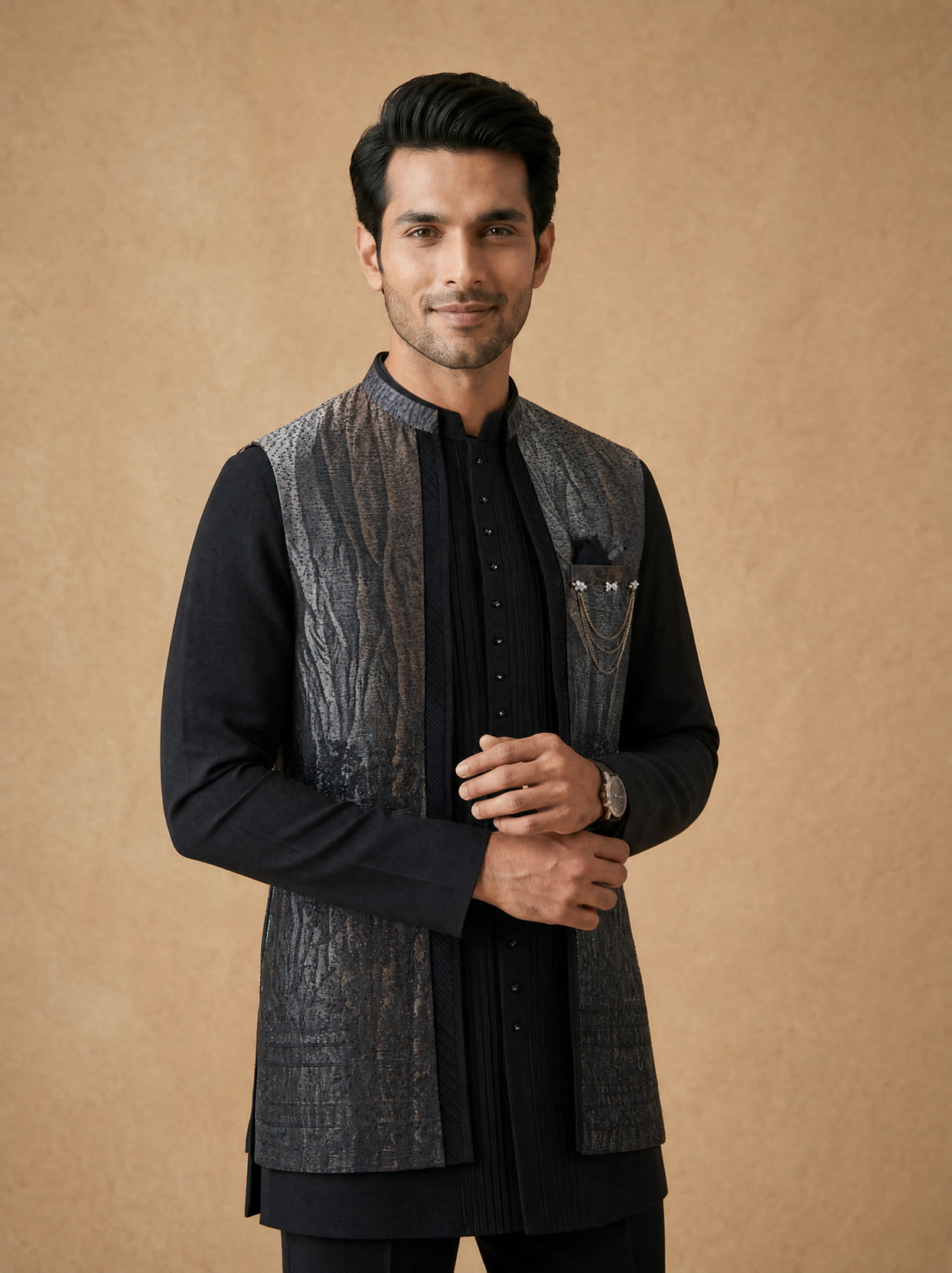 Manyavar Men Black Stone & Thread Work Indo Western Set