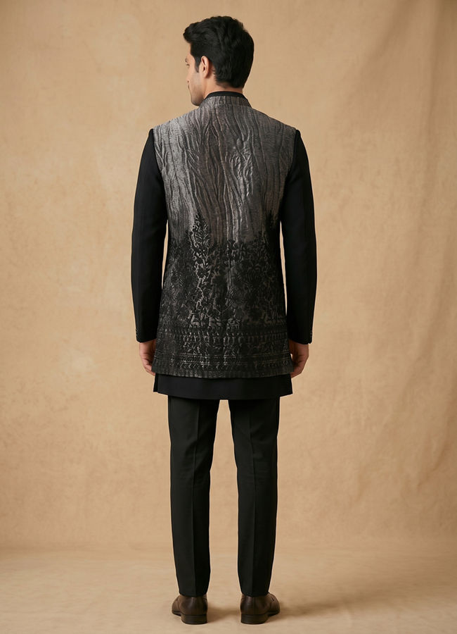 Manyavar Men Black Stone & Thread Work Indo Western Set