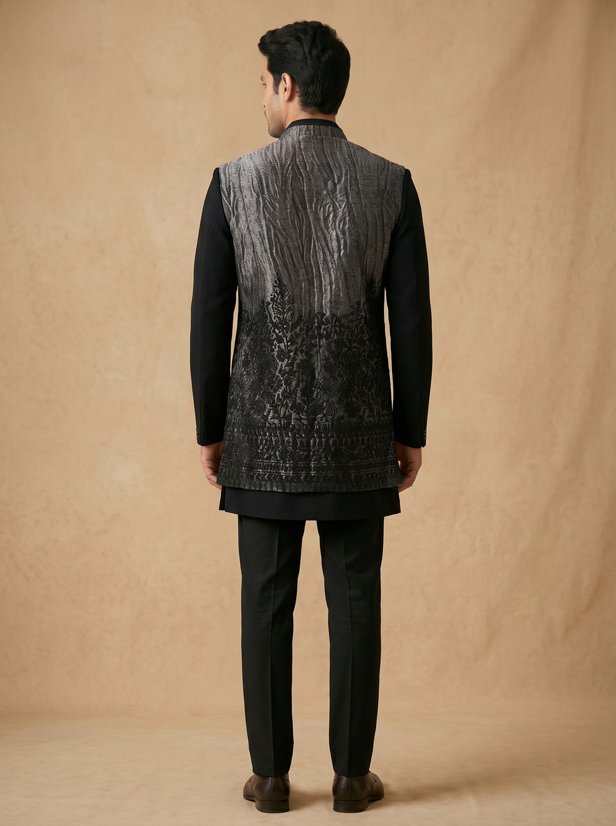 Manyavar Men Black Stone & Thread Work Indo Western Set