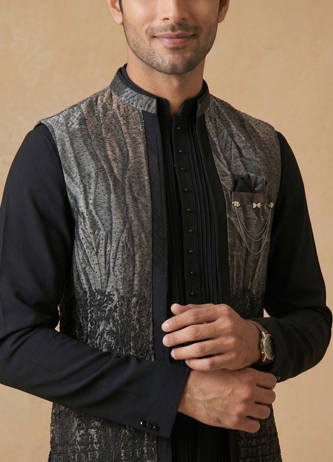 Manyavar Men Black Stone & Thread Work Indo Western Set