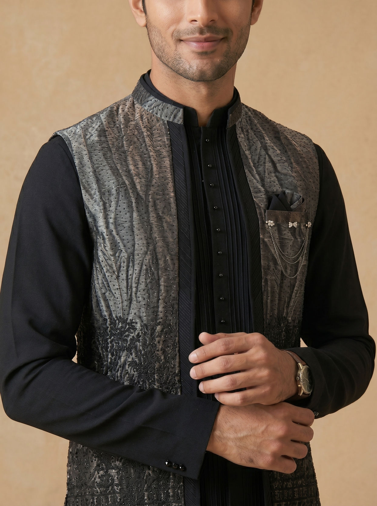 Manyavar Men Black Stone & Thread Work Indo Western Set