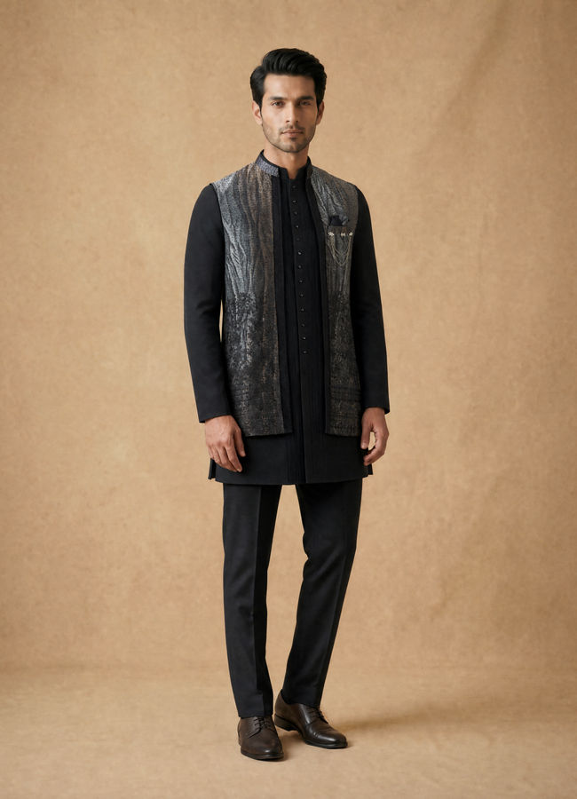 Manyavar Men Black Stone & Thread Work Indo Western Set