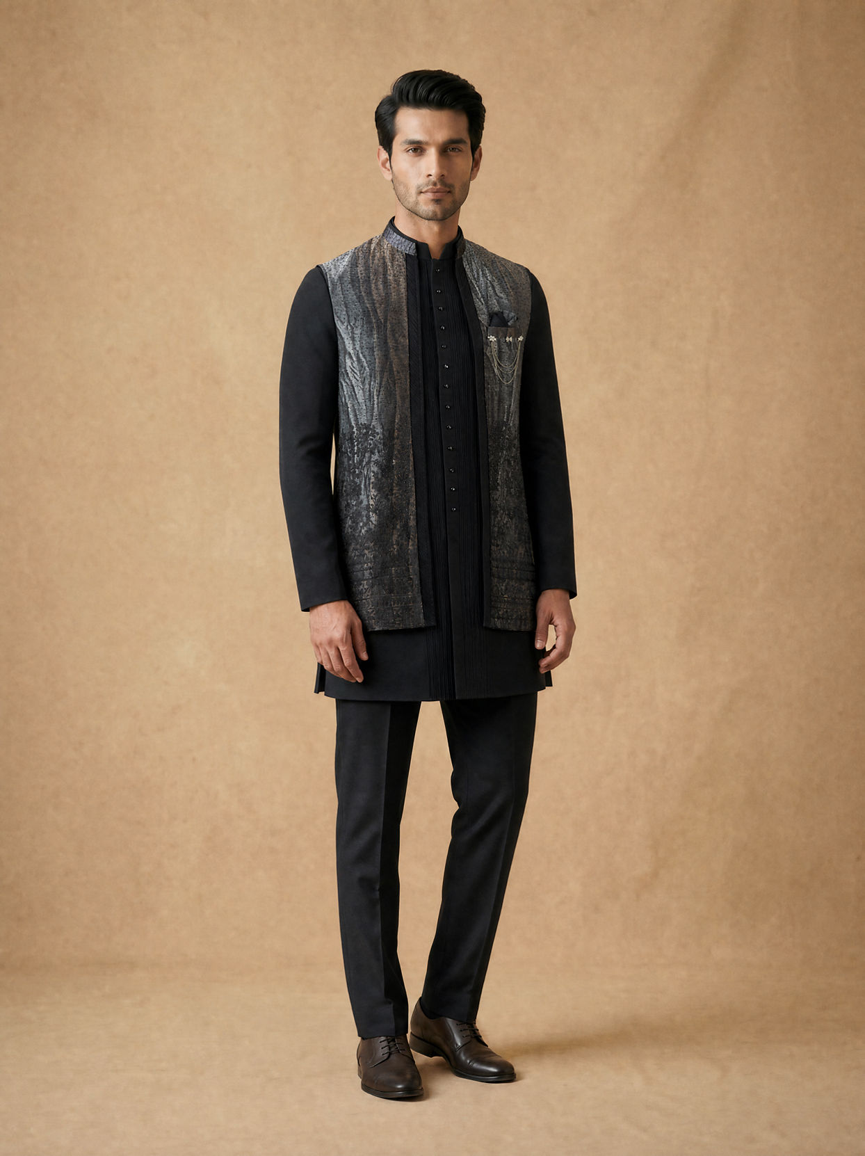 Manyavar Men Black Stone & Thread Work Indo Western Set