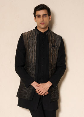 Manyavar Men Black Stone & Thread Work Indo Western Set