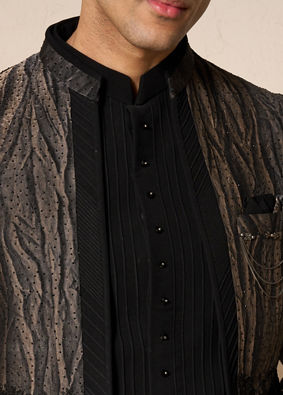 Manyavar Men Black Stone & Thread Work Indo Western Set