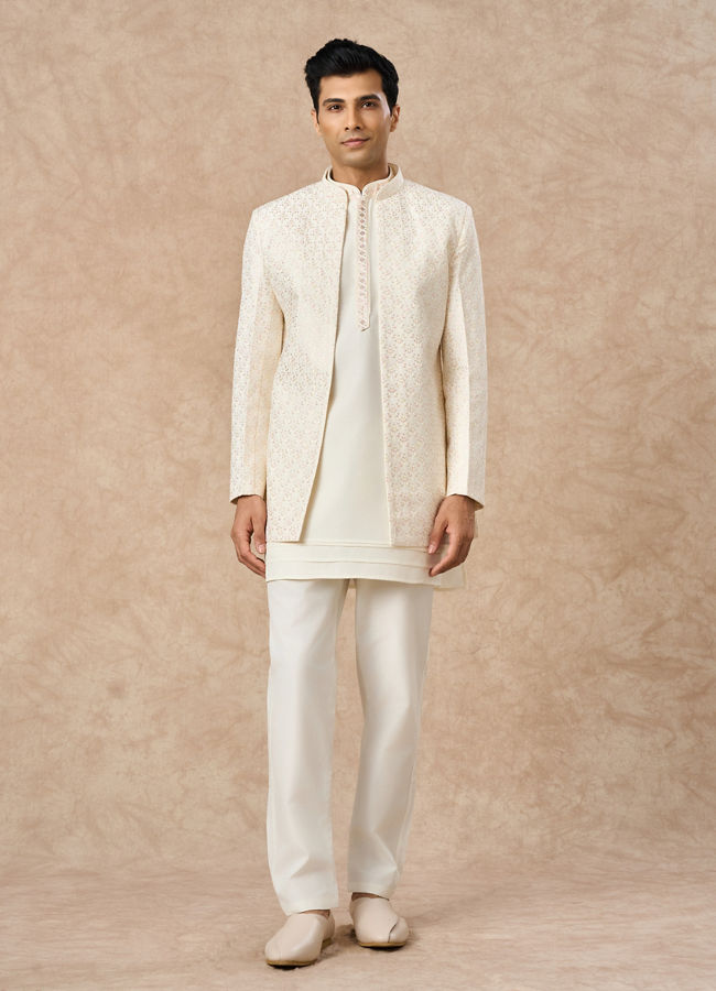 Manyavar Men Cream Art Silk Indo Western Jacket