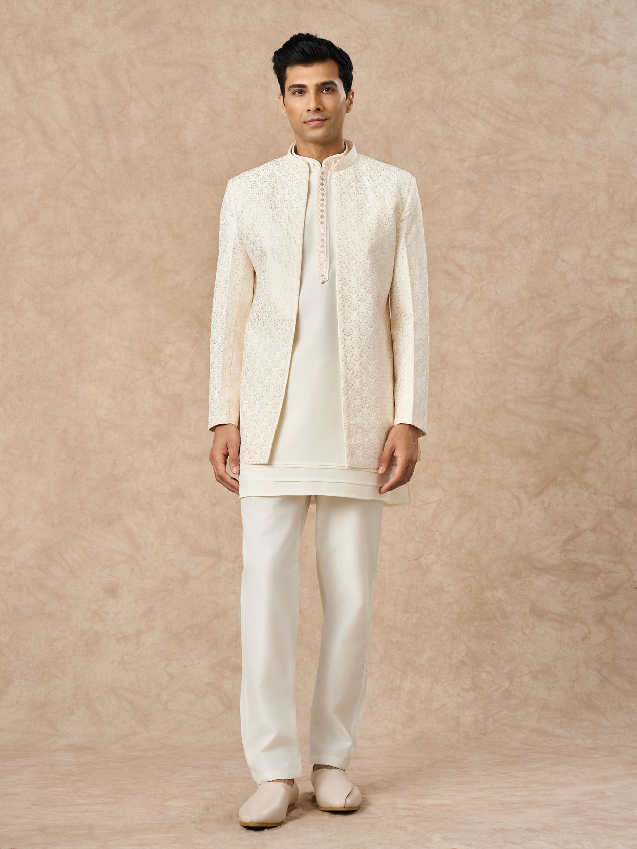 Manyavar Men Cream Art Silk Indo Western Jacket