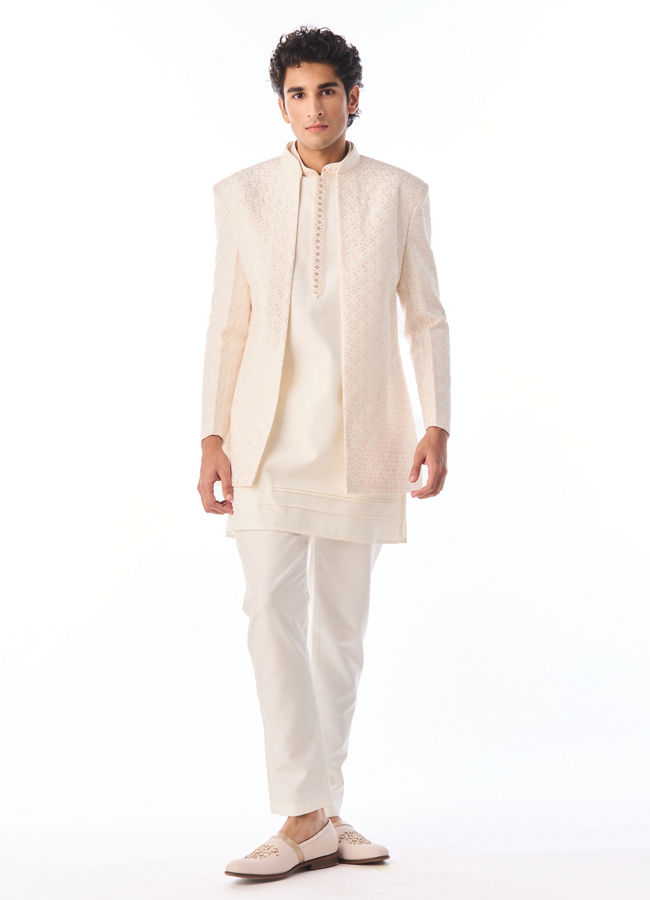 Manyavar Men Cream Silk Indo Western Jacket
