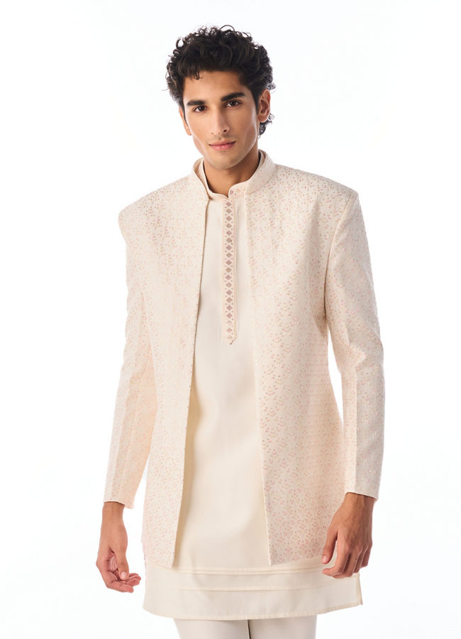 Manyavar Men Cream Silk Indo Western Jacket