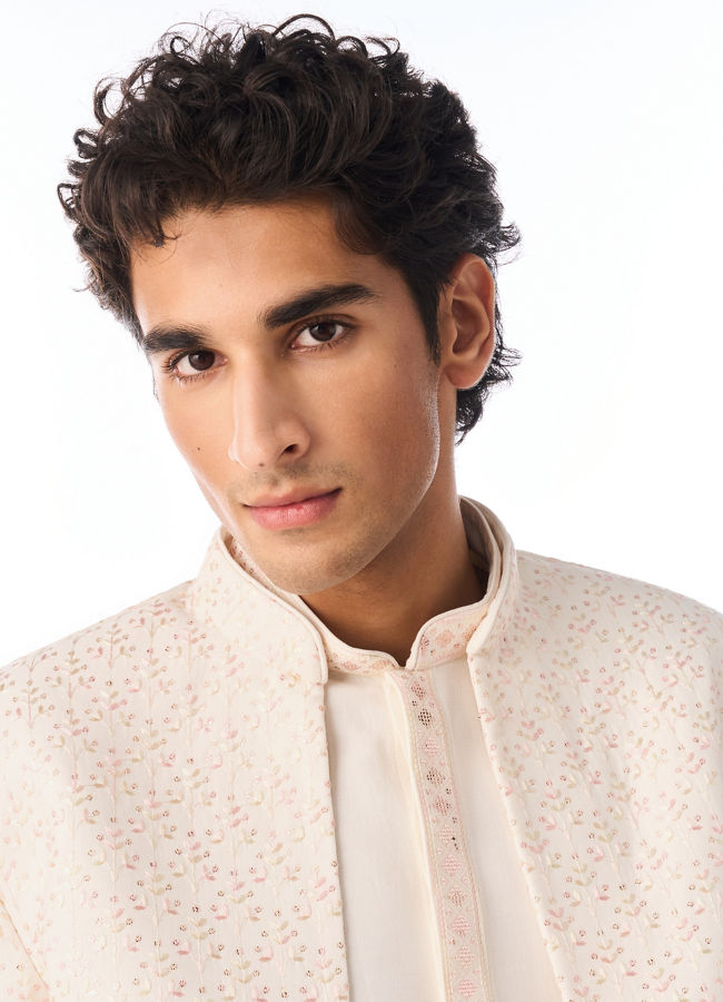 Manyavar Men Cream Silk Indo Western Jacket