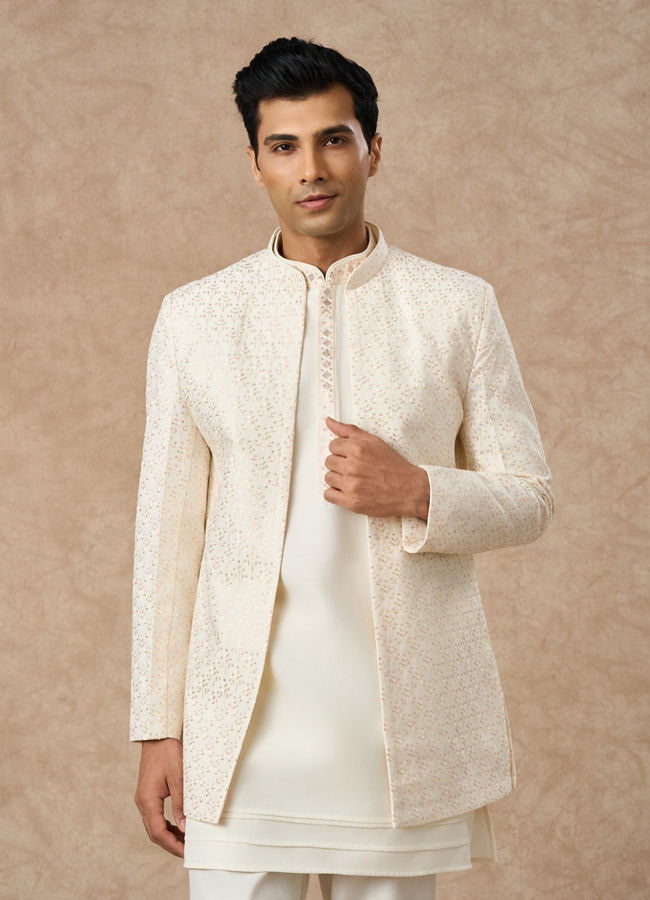 Manyavar Men Cream Art Silk Indo Western Jacket