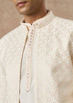 Manyavar Men Cream Art Silk Indo Western Jacket