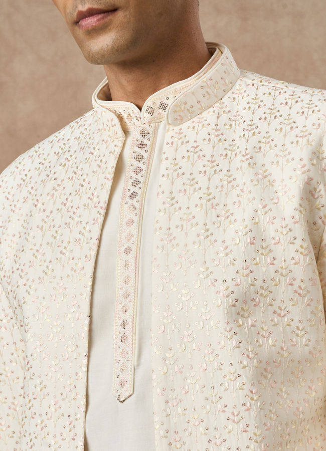 Manyavar Men Cream Art Silk Indo Western Jacket