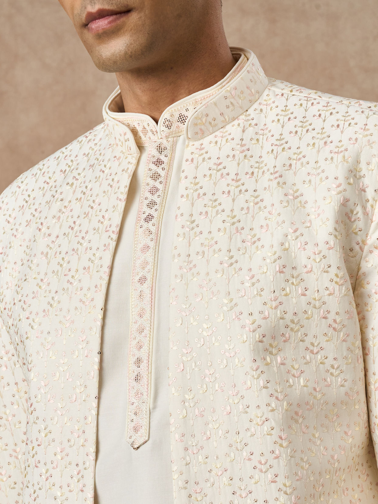 Manyavar Men Cream Art Silk Indo Western Jacket