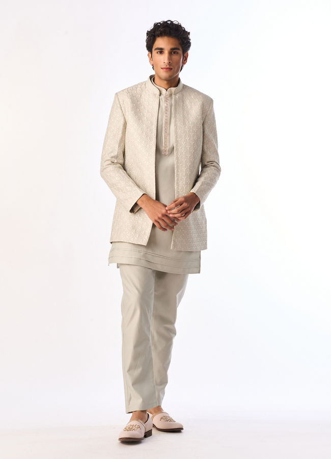 Manyavar Men Light Mid Green Silk Indo Western with Embroidery