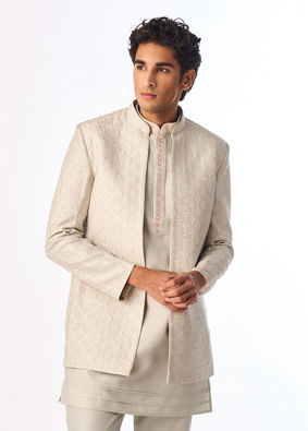 Manyavar Men Light Mid Green Silk Indo Western with Embroidery