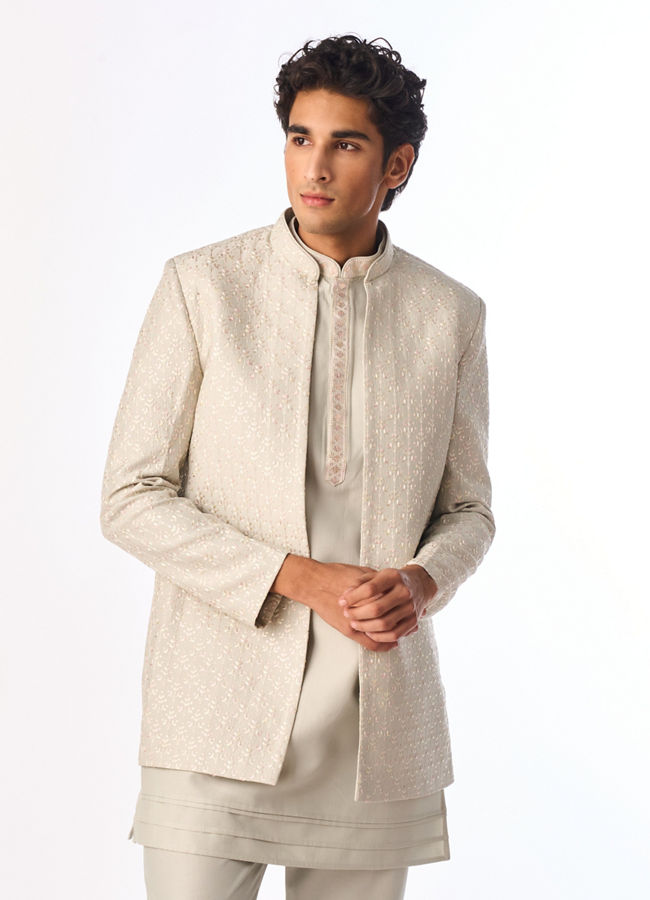 Manyavar Men Light Mid Green Silk Indo Western with Embroidery