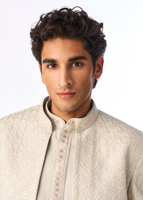 Manyavar Men Light Mid Green Silk Indo Western with Embroidery