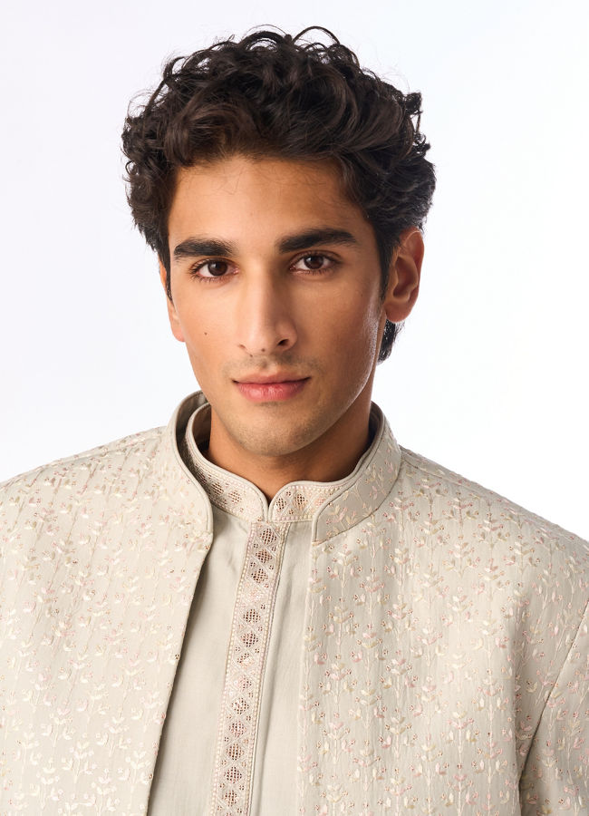 Manyavar Men Light Mid Green Silk Indo Western with Embroidery