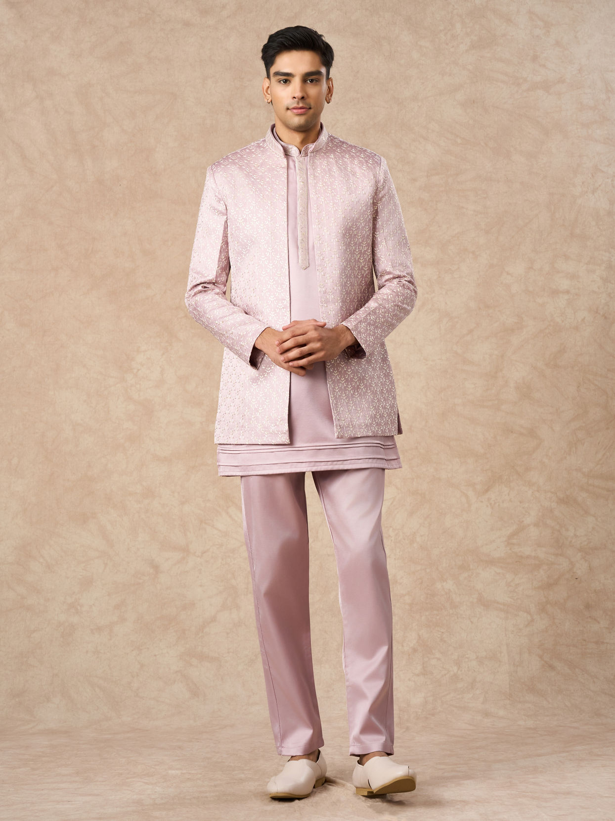 Manyavar Men Dusty Pink Art Silk Indo Western