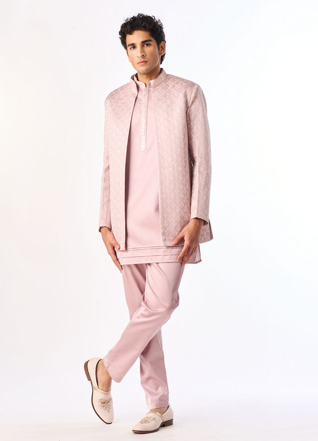 Manyavar Men Dusty Pink Silk Indo Western