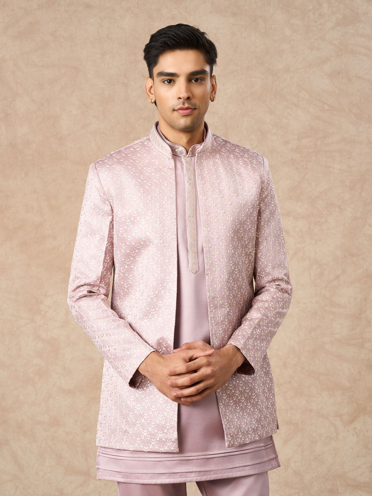Manyavar Men Dusty Pink Art Silk Indo Western