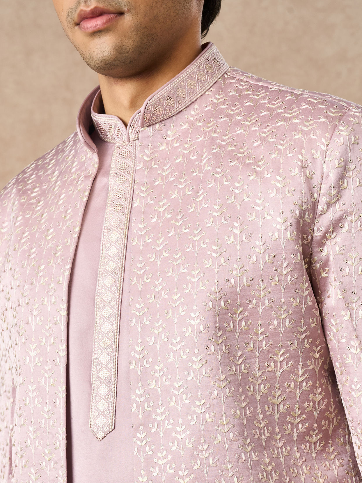 Manyavar Men Dusty Pink Art Silk Indo Western