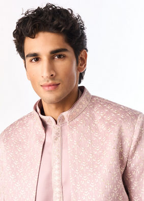 Manyavar Men Dusty Pink Silk Indo Western
