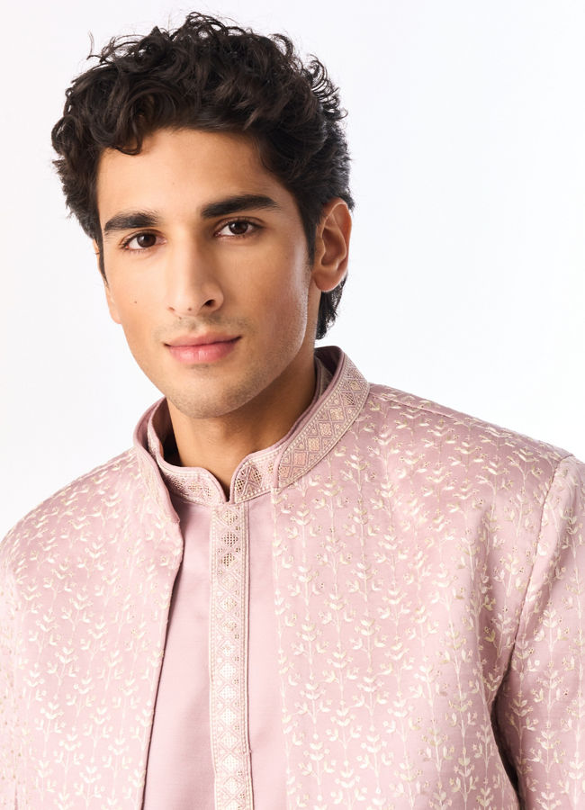 Manyavar Men Dusty Pink Silk Indo Western