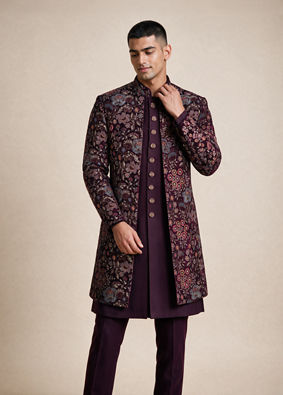 Manyavar Men Purple Embroidered Straight Indo Western Set