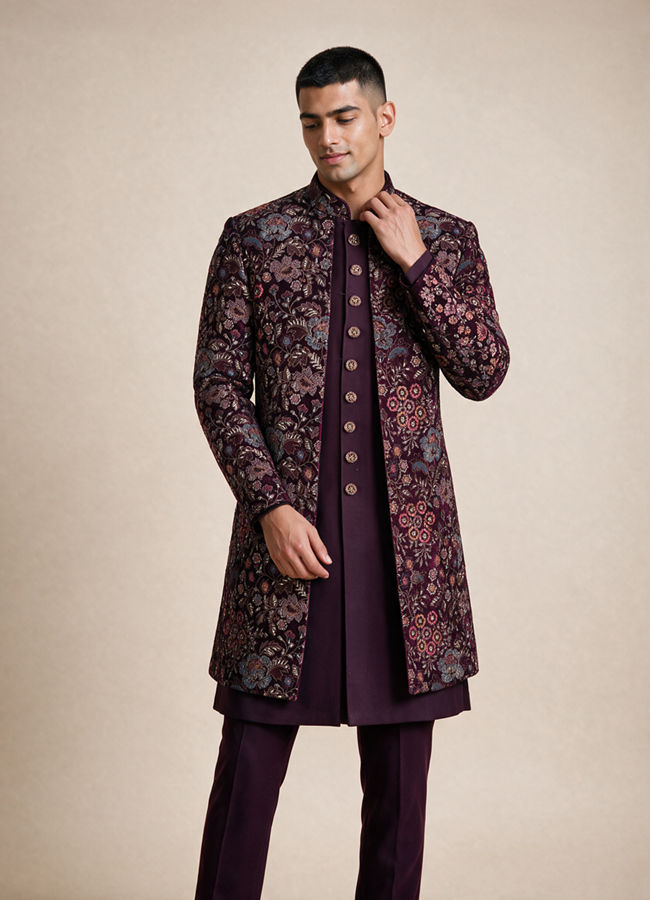 Manyavar Men Purple Embroidered Straight Indo Western Set