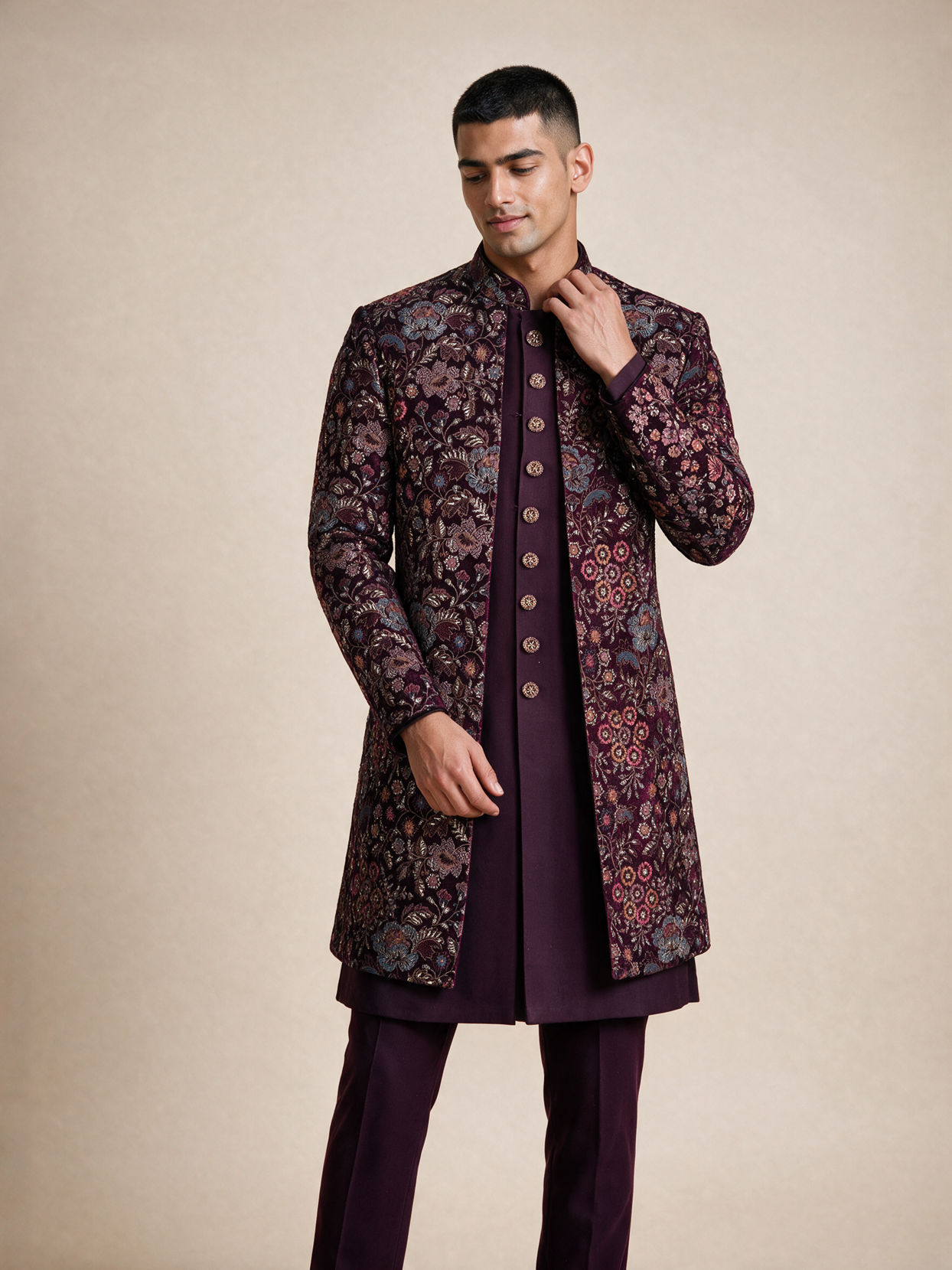 Manyavar Men Purple Embroidered Straight Indo Western Set