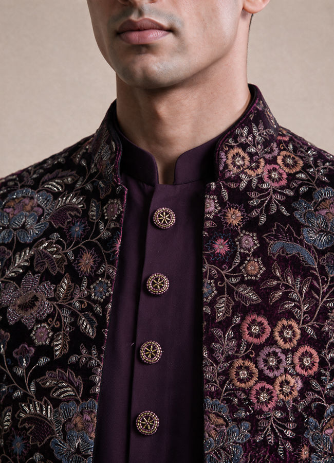 Manyavar Men Purple Embroidered Straight Indo Western Set