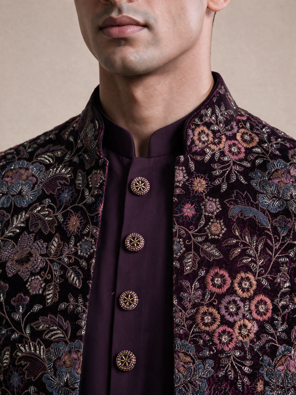 Manyavar Men Purple Embroidered Straight Indo Western Set