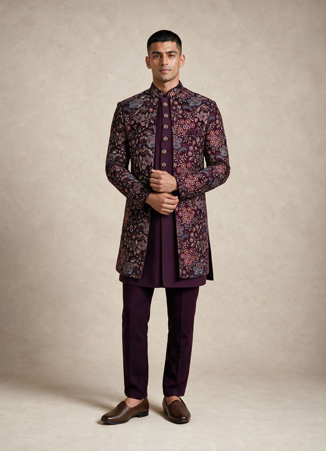 Manyavar Men Purple Embroidered Straight Indo Western Set