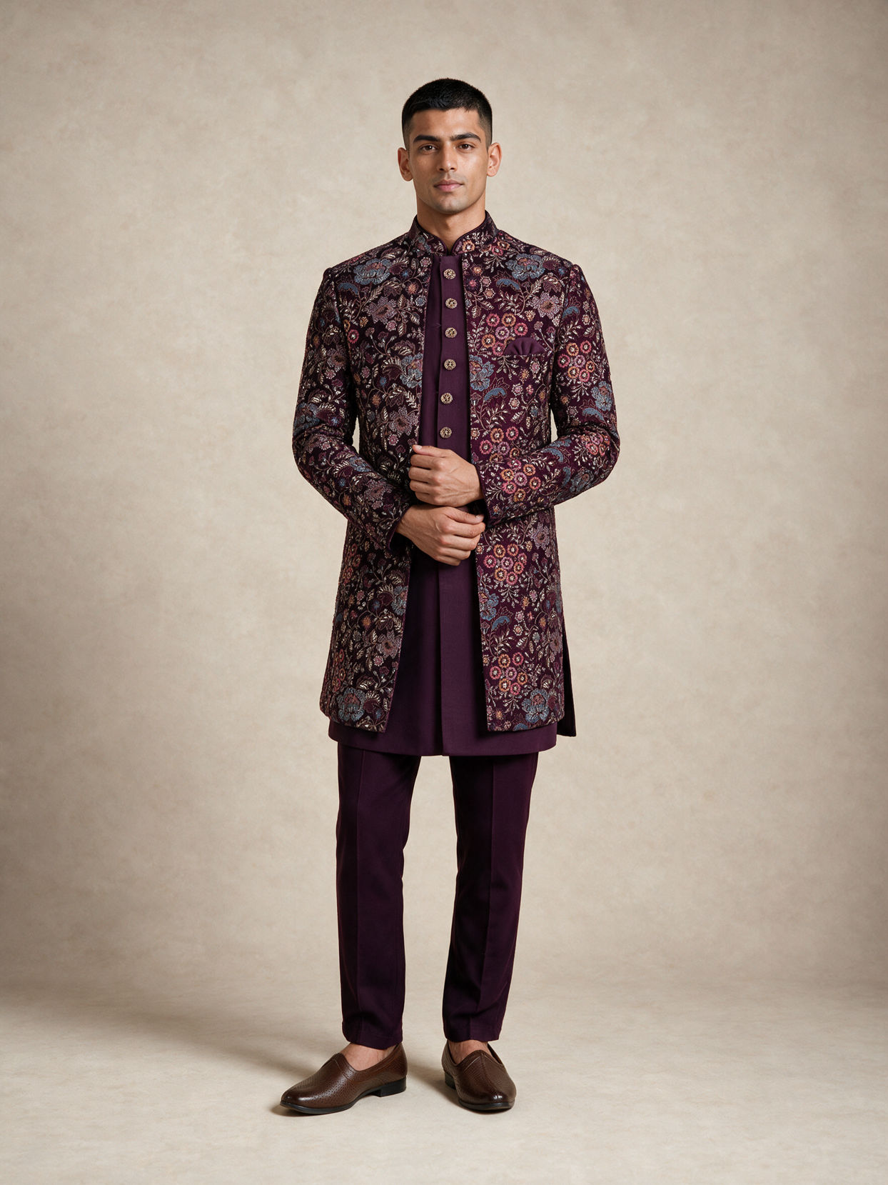 Manyavar Men Purple Embroidered Straight Indo Western Set