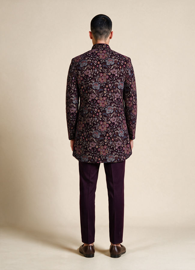 Manyavar Men Purple Embroidered Straight Indo Western Set