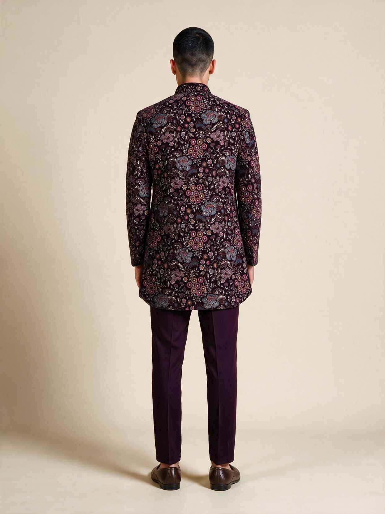 Manyavar Men Purple Embroidered Straight Indo Western Set