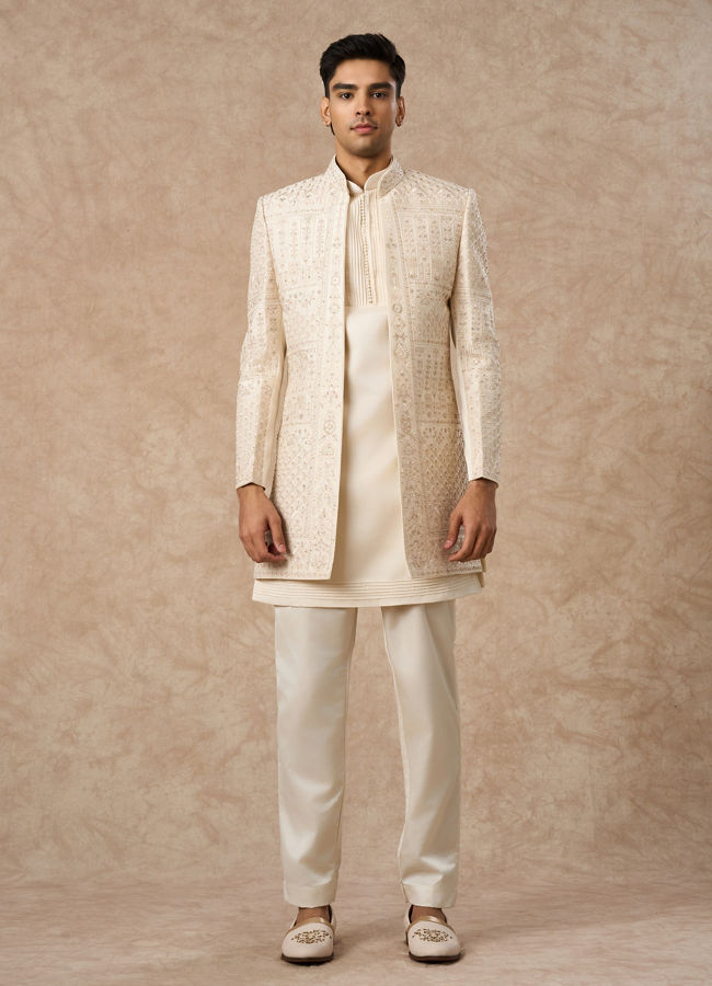 Manyavar Men Beige Silk Indo Western with Embroidery