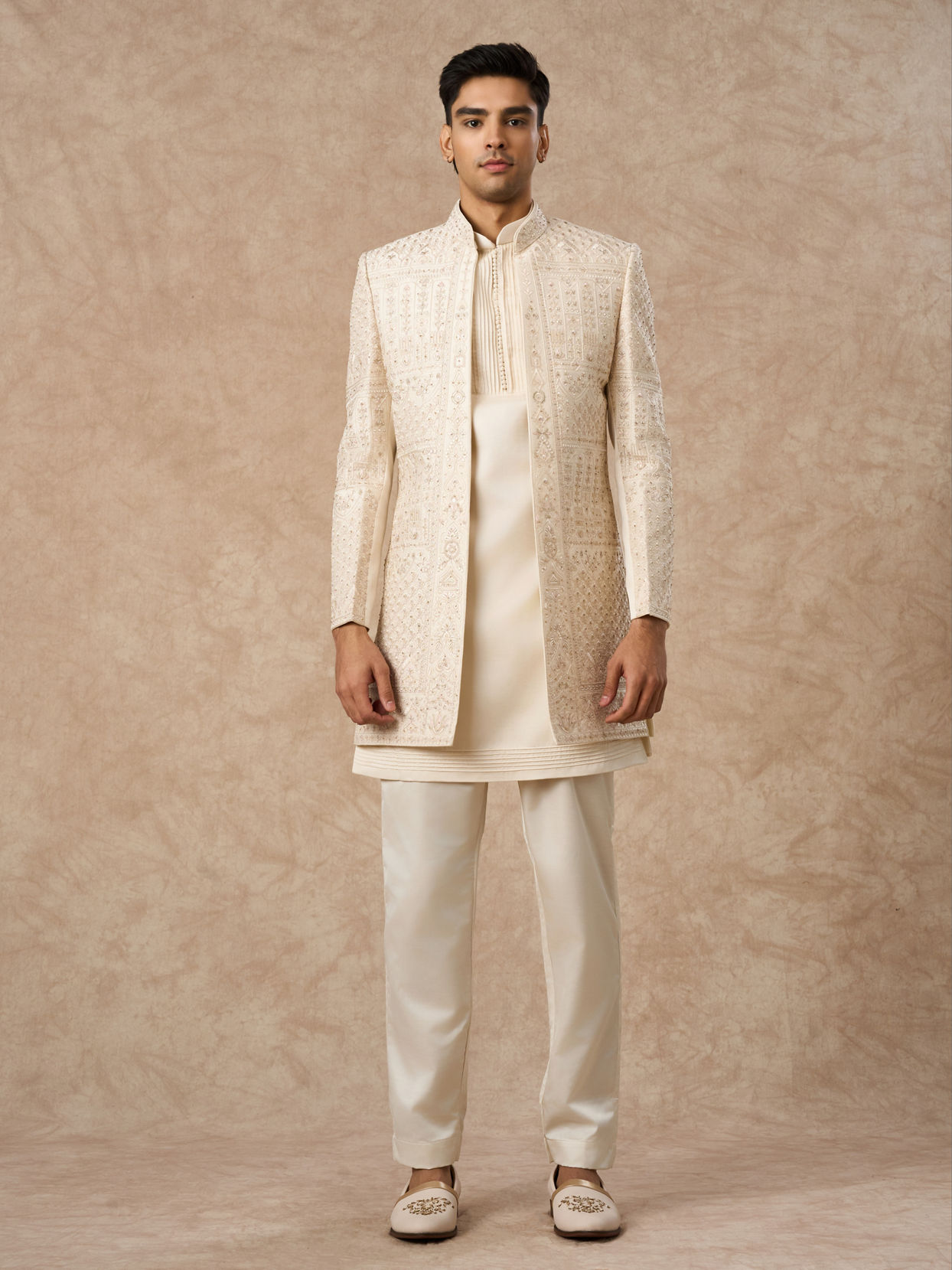 Manyavar Men Beige Silk Indo Western with Embroidery