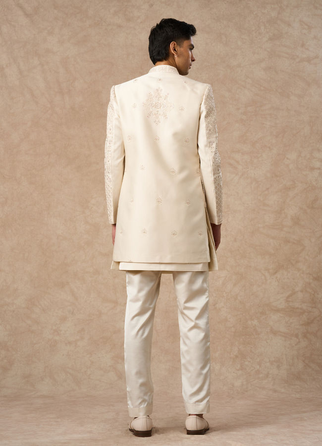 Manyavar Men Beige Silk Indo Western with Embroidery