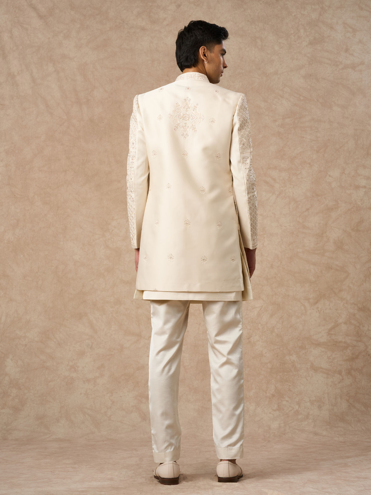 Manyavar Men Beige Silk Indo Western with Embroidery