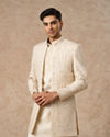 Manyavar Men Beige Silk Indo Western with Embroidery
