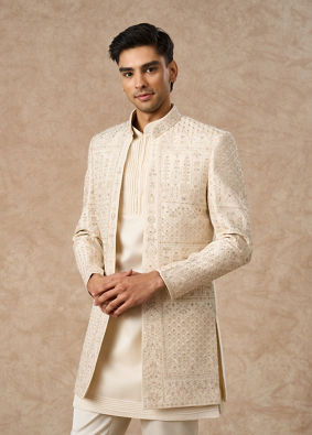 Manyavar Men Beige Silk Indo Western with Embroidery